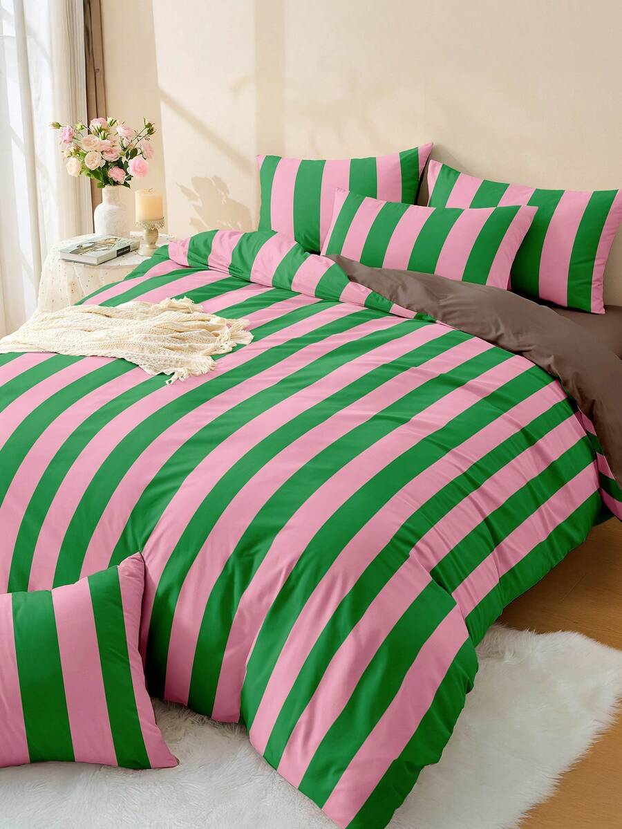2/3件套卡通床上用品套装，柔软透气，亲肤舒适，卡通风格，抗起球，可爱家纺，粉绿条纹被套和枕套，不含被芯，适用于单人床、双人床、大号床、特大号床，四季皆宜，通过Oeko-Tex认证