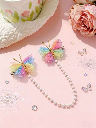 1 pieza Clip de pelo con cadena de borla, mariposa de colores y perla falsa, accesorio de moda para niñas, adecuado para uso diario, primavera/verano, fiesta (color de mariposa aleatorio)