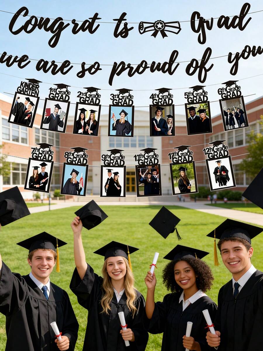 4pcs/Set Graduation Photo Frame Decoration Set, Paper Pull Flag Banners Wall Decor, Graduation Party Supplies, Suitable For Graduation Celebration Venue, Classroom Atmosphere Decoration, Display Graduate Campus Life Photos, Party Supplies - Multicolor - View 1