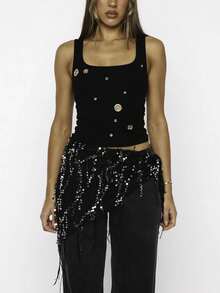 Women Y2K Glam Fringe Belly Wrap, Sequin Embellished Sheer Mesh Asymmetrical Tie Waist Skirt Cover Up For Club Party Night Out - 黑色 - 查看 8