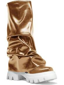 Women's Platform Round Toe Mid Calf Boots With Chunky Heel - M-gold - View 10
