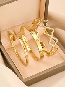 4pcs/3pcs/1pc 18K Gold-Plated Stainless Steel Bangle Bracelet With Luxury Rhinestone Design, Suitable For Gifts, Engagement, Daily Wear, Parties, Festivals, Beach Vacation - Gold - View 10