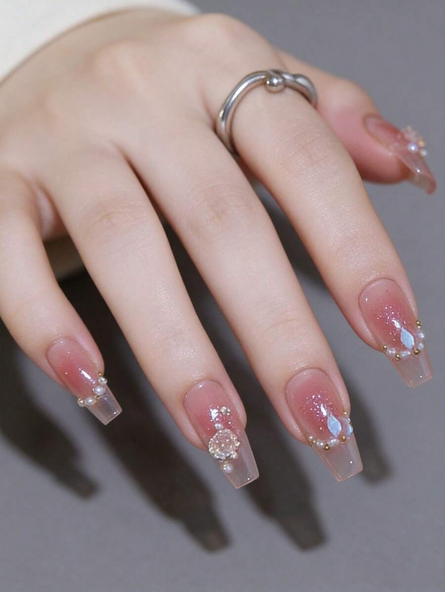 Hình dán móng tay giả dài vừa phải họa tiết hoa trà ombre, hình dán nghệ thuật móng tay pha lê hologram, phụ kiện móng tay phổ biến. - Nhiều màu - Xem 1