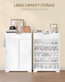 HEXCELEN Shoe Cabinet, 5-Tier Shoe Rack, Adjustable Dividers, Space For 12-15 Pairs Of Shoes, 1 Large Drawer, Silver-Colored Handle, For Entryway, Hallway, 36 X 65 X 108 Cm, White - 白色 - 查看 6