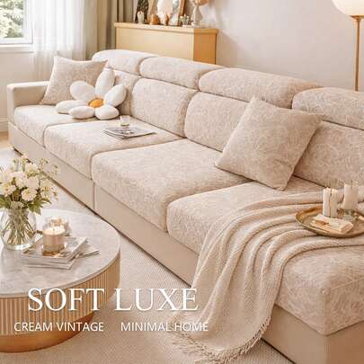 1件欧式奢华凉感丝绸沙发套，复古奶油色，凉爽面料，弹性可伸缩沙发套，现代简约设计，采用柔软材质制成。另附复古乡村风格沙发靠垫和宠物抓垫。适用于卧室、餐厅、书房和客厅沙发，兼具装饰性和保护性，四季皆宜，可机洗和手洗。