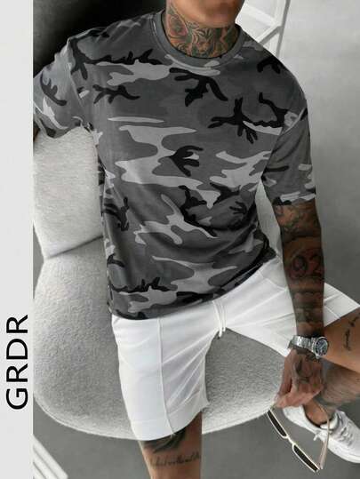 GRDR 1 Peça Camiseta Masculina de Manga Curta com Gola Redonda, Estilo Camuflado Minimalista para o Verão, Confortável e na Moda