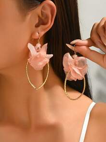 1 Pair Elegant Fabric Flower Long Earrings, Suitable For Daily Wear (Bead Color Random) - Pink - E1334 - View 2