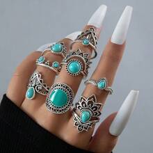 8 件套绿松石油滴花朵戒指（随机做旧效果） - 藍色 - 查看 5