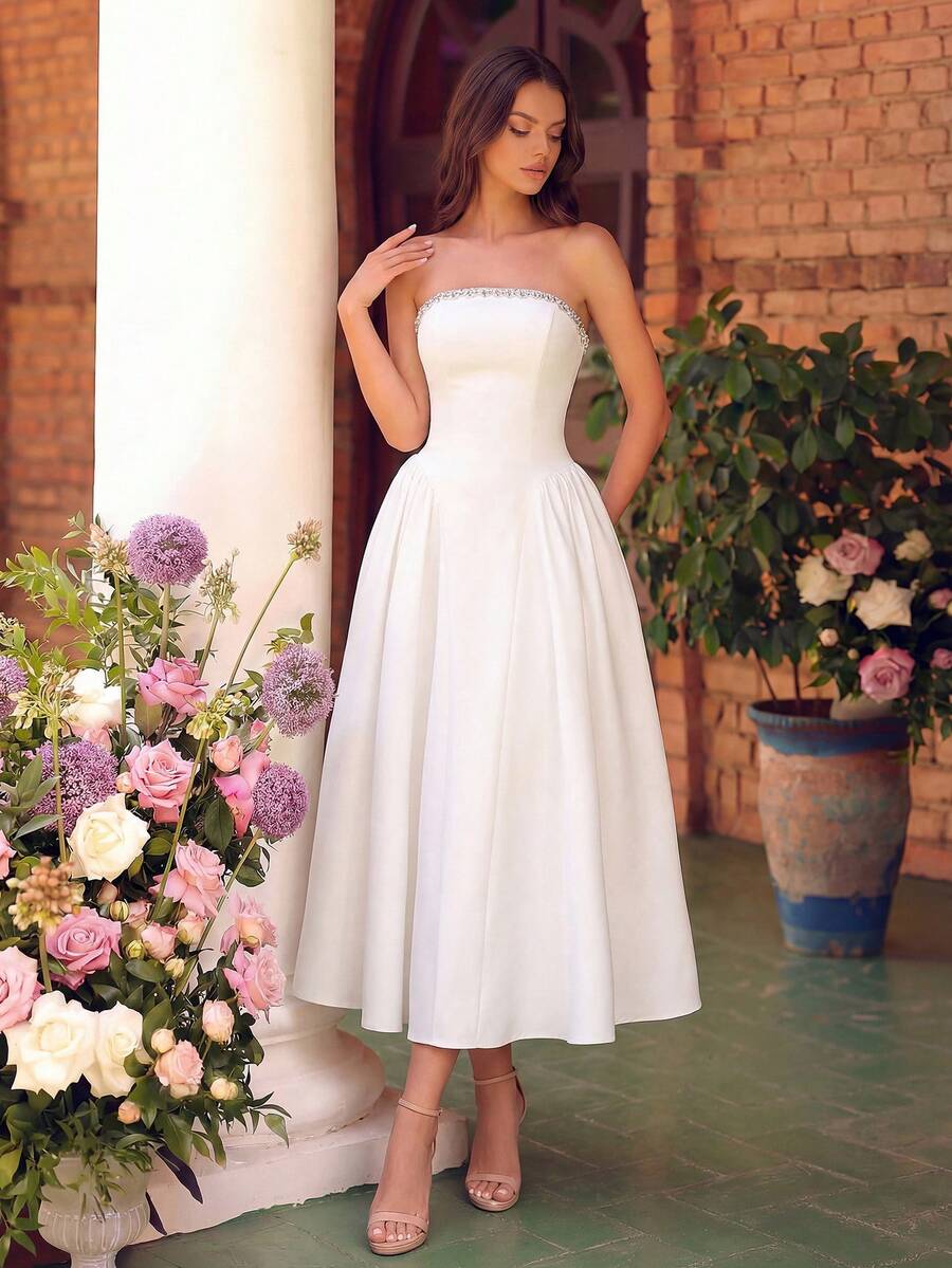 优雅手工串珠露肩高腰A字露背系带长款派对礼服，适合舞会、生日派对、盛大晚宴、约会、返校节、婚礼宾客、鸡尾酒会、家庭聚会等场合。