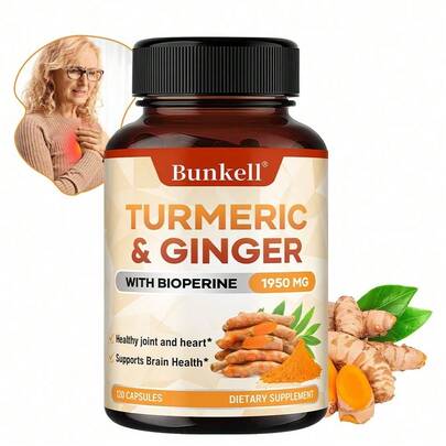  Bunkell Premium Turmeric & Ginger Dietary Supplement - 120 Capsules - With Black Pepper For High Absorption - Supports Heart, Brain & Joint Health