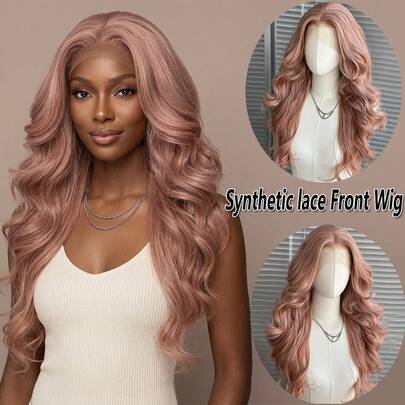 粉色 13x4 合成蕾丝前假发，22 英寸长，波浪卷发，无需胶水，采用 Kanekalon 纤维制成，耐高温，自由分缝，150% 密度，渐变金色挑染，混色，耐热纤维合成蕾丝前假发，自然发际线，适合女性日常、派对、度假等场合使用。