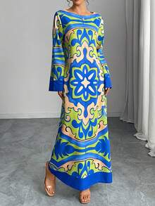 中东女士长袍连衣裙，圆领撞色印花长款宽松长袖荷叶边套头衫，优雅度假风连衣裙，秋冬假日休闲长裙，晚礼服，开斋节春季穿着 - 藍色 - 查看 10