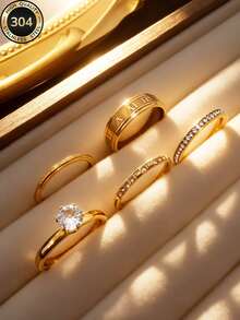 Bộ nhẫn Znice 2026 mới, mạ vàng 18K, thép không gỉ, thiết kế tối giản, đính đá lấp lánh toàn bộ hình hoa, có thể đeo chồng lên nhau, thích hợp cho tiệc tùng, làm quà tặng, đeo hàng ngày, nhiều dịp khác nhau, làm trang sức, chống thấm nước và chống phai màu, thích hợp đeo khi đi biển. - Vàng 4 - Xem 4