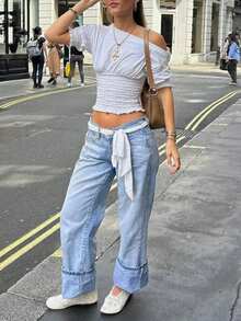 Fashionable Elegant Casual Asymmetrical Cold Shoulder Ruffle Trim Knit Top White Summer - White - View 5