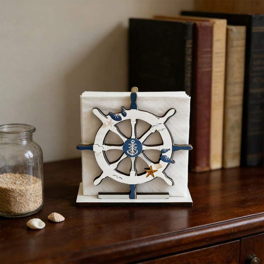 1/3pcs Nautical Theme Wooden Napkin Holder, Decorated With Rudder/Anchor/Welcome Aboard Pattern, Suitable For Decorating Kitchen, Seaside Restaurant, Bar, And Home Dining Table