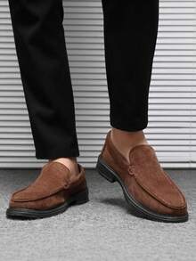 男士棕色绒面革一脚蹬乐福鞋，经典高品质皮革防滑舒适厚底休闲正装鞋，商务/休闲英伦风乐福鞋，适合春秋季穿着 - 棕色 - 查看 6