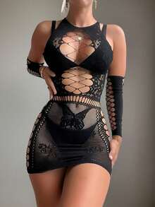 女士带袖连衣裙，性感内衣，镂空透明网纱，完美曲线，性感温柔，情人节必备 - 黑色 - 查看 4