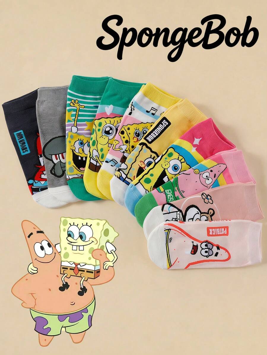 SpongeBob SquarePants 10双随机春夏薄款可爱卡通学院风时尚舒适学生必备袜子 - 彩色 - 查看 1