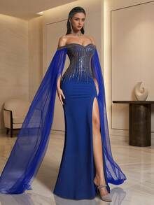 VIPGIRL 奢华蓝色露肩串珠长礼服，配以网纱袖和高开衩设计，正式晚礼服，优雅派对礼服，女士舞会礼服 - 寶藍色 - 查看 4