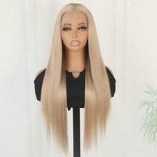 Rose Red Color Hair Synthetic Lace Front Wigs Fashion Blue 13x4 Free Part 28 Inches Long Straight Wigs HD Lace Pre Plucked Baby Hair Natural Hairline Glueless Frontal Lace Replacement Wigs Blonde Ready To Wear Comfortable For Women Girls Party Movie Concert Makeup Use Daily Wear - Vàng - Xem 5