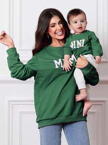 Mommy And Me Matching Outfits Christmas/Halloween Sweatshirts Family Matching Xmas Clothes Long Sleeve Crewneck Mama/Mini Letter Print Sweatshirts Pullover Tops Winter Fall Clothes - xanh quân đội - Xem 1