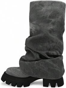 Women's Platform Round Toe Mid Calf Boots With Chunky Heel - Denim Grey - View 8