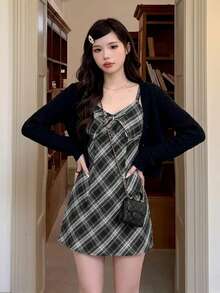 Women's Plaid Print Casual Sleeveless Minimalist Skirt, Summer - Black - View 2
