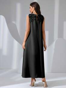 女士3D立体花卉无袖套头连衣裙，黑色，夏季优雅款 - 黑色 - 查看 2