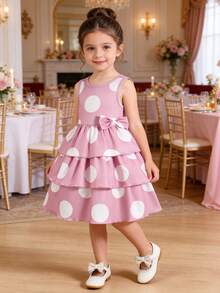 女童休闲日常套装，可爱波点蝴蝶结公主蛋糕裙，适合春夏穿着 - 粉色 - 查看 1