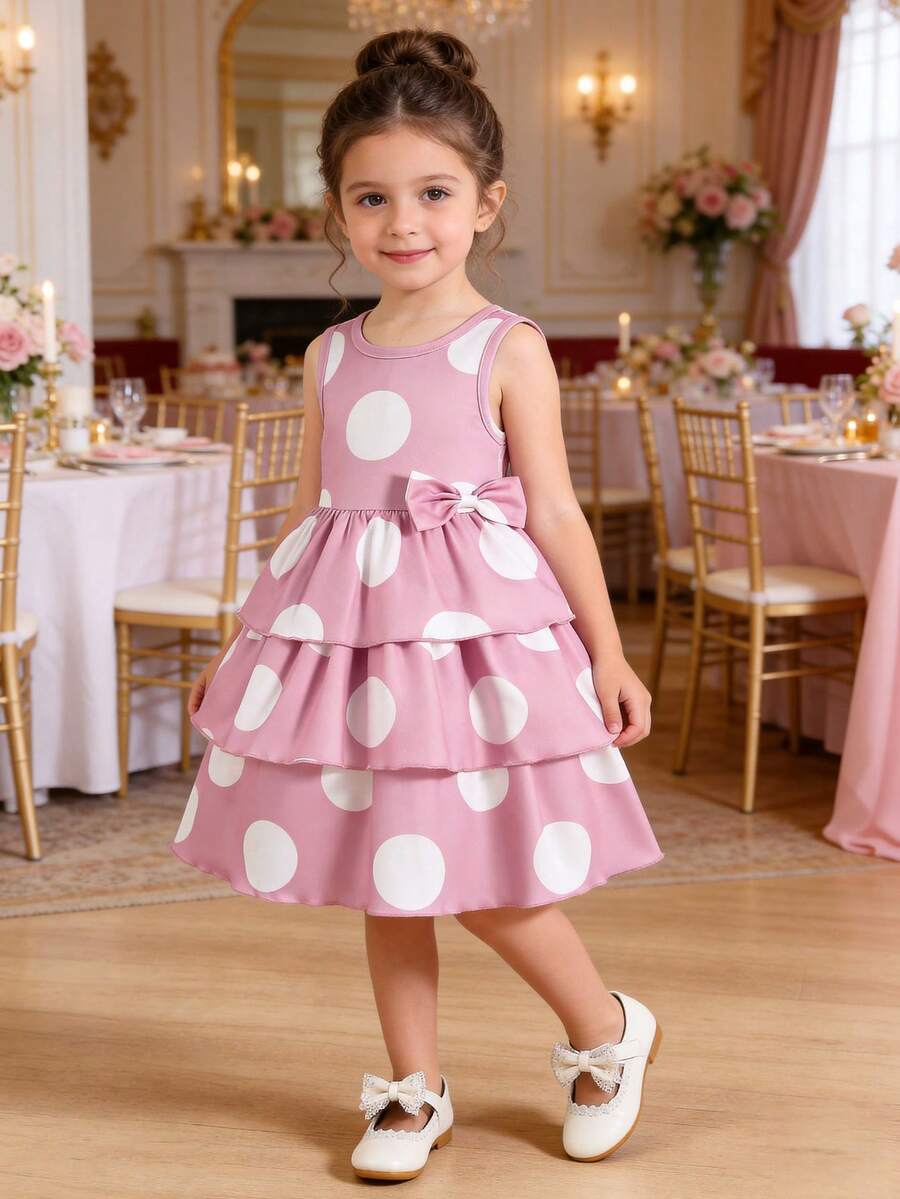 女童休闲日常套装，可爱波点蝴蝶结公主蛋糕裙，适合春夏穿着 - 粉色 - 查看 1