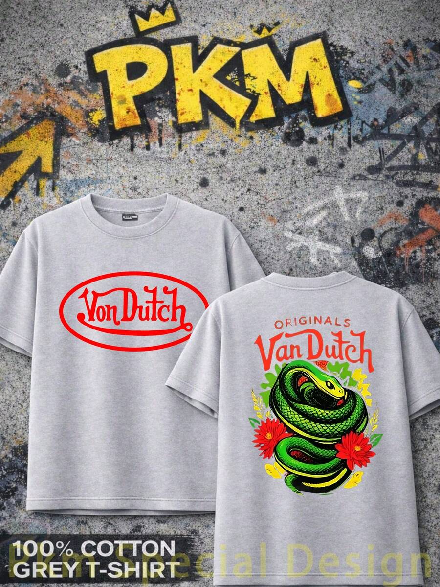 Graphic T-Shirt Vons Dutch Snake And Flowers Design Vintage Streetwear Style Everyday Casual Streetwear Machine Washable Regular Fit All Season Top Weekend Outfit Playful Fashion Durable Shirt Short Sleeve Shirt - Xám - Xem 1
