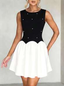 Elegant Solid Color Pearl Decor Handmade Beaded Floral Skirt, Suitable For Party, Vacation, Formal Evening Events - Black - View 5