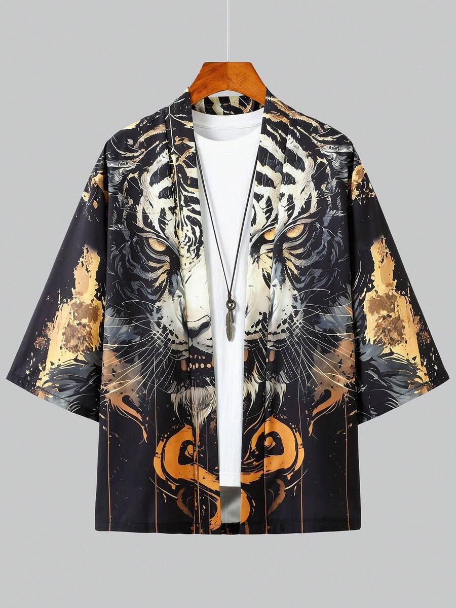 中国风暗虎神袍,男士轻薄宽松夏季和服开衫衬衫 - 黑色 - 查看 1