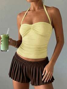 Camiseta sin espalda con cuello halter y diseño fruncido en el frente, estilo Y2K sexy, adecuada para la playa, uso casual y diario - Amarillo - Ver 8