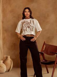 SILK ROUTE Women's Oversized Cropped Top With  Print, Feline Style, Loose Fit, Fashionable - White - View 4