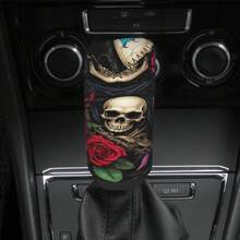 1pc Skull Print Gear Shift Knob Cover & Handbrake Cover Set, Made Of Polyester Fiber, Universal Car Accessories, Unisex - A - View 9