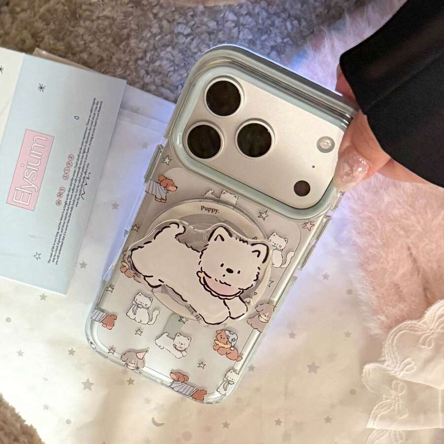 GUCADI 磁吸手机支架，适用于 17 Pro Max、14、15、16 手机壳，透明设计，可爱涂鸦小狗图案，个性化卡通可爱软萌少女风，创意十足