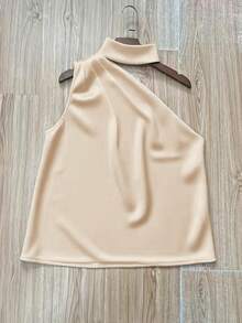 1 pièce Blouse élégante sans manches en satin de couleur unie avec volants asymétriques/irréguliers. Convient pour l'été, les occasions décontractées, le bureau, les fêtes et les événements formels - Champagne - Voir 4