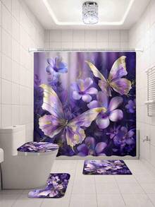 Bộ 1/4 - Bộ rèm tắm hình bướm tím, rèm tắm chống thấm nước họa tiết hoa bướm vàng lá phong cách trang trại hiện đại, kèm 12 móc treo, thảm chống trượt phòng tắm, thảm chữ U cho bồn cầu, tấm phủ nắp bồn cầu, quà tặng gia đình. - A - Xem 16