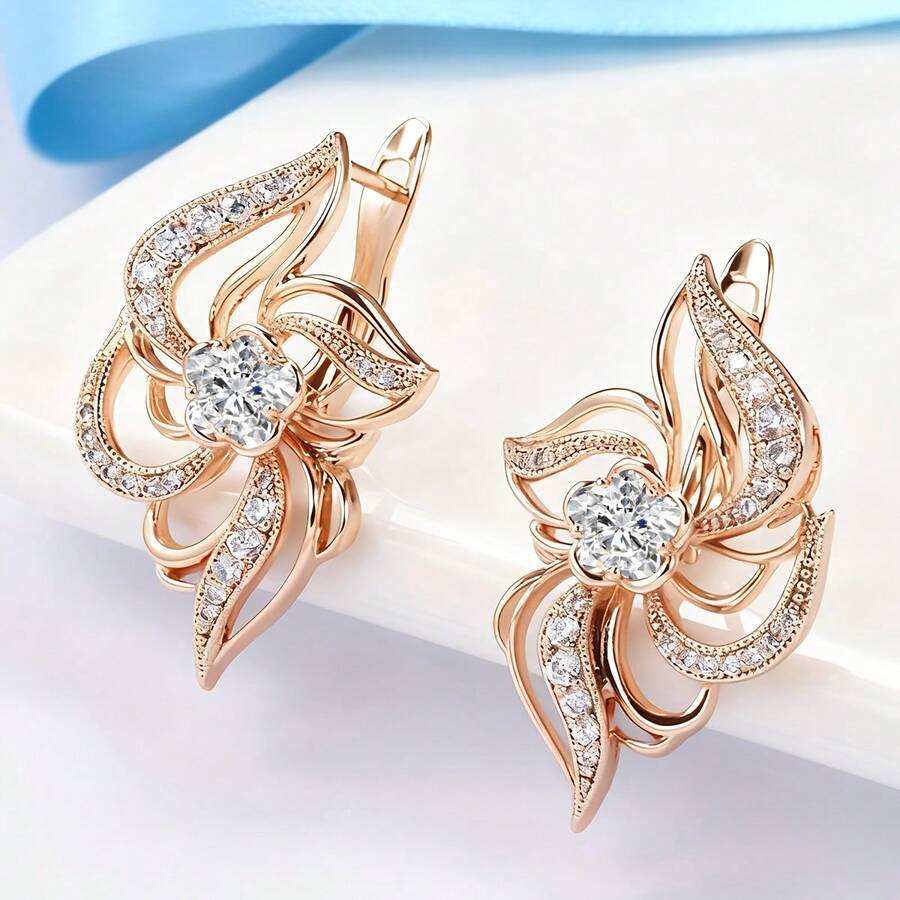 Vanel 1Pair Elegant Windmill Flower Cubic Zirconia Earrings, Sparkling Leverback Dangle Earrings, Fashion Jewelry For Women Stylish Jewelry For Wedding Prom - Golden Yellow-white - View 1