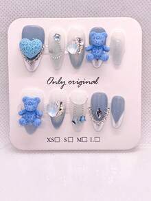 10pcs Handmade Pressed Blue Almond-Shaped Acrylic Nail Art, French Style Painted With Bear And Heart Patterns, Acrylic Nail Tips, Suitable For Women And Girls - Blue - View 3