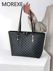 女士手提包，女士通勤多功能大容量单肩包，简约休闲字母印花手提包 - 黑色 - 查看 1