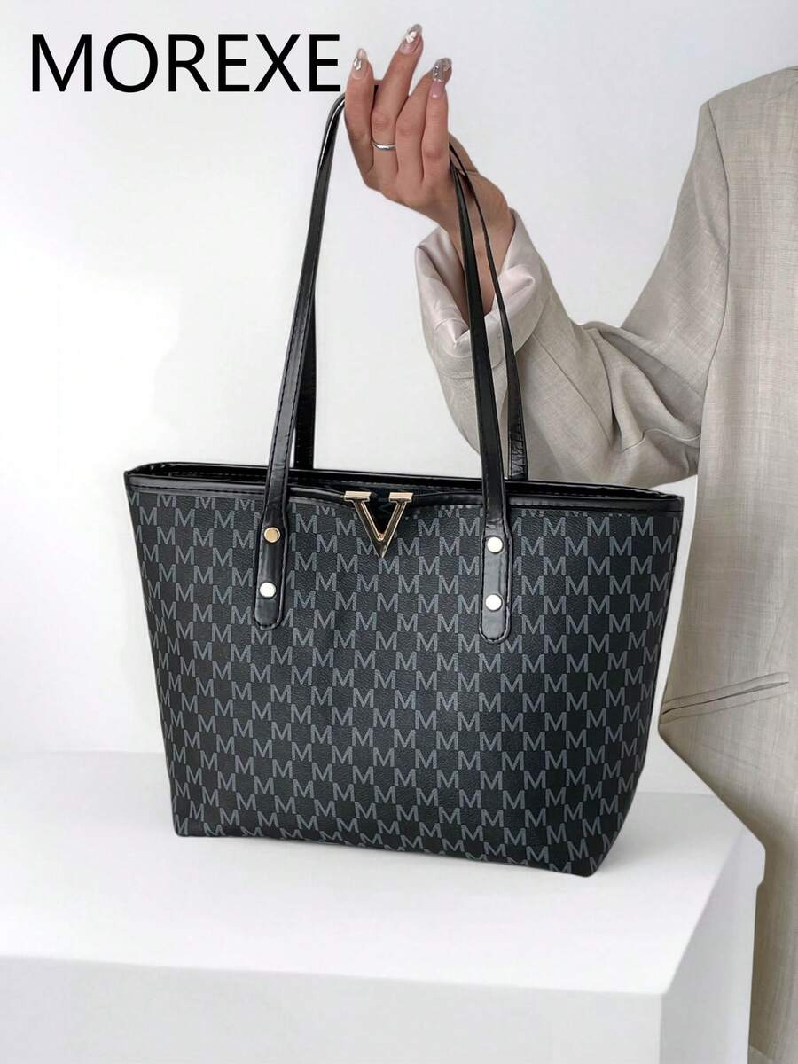 女士手提包，女士通勤多功能大容量单肩包，简约休闲字母印花手提包 - 黑色 - 查看 1