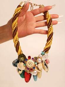 Women's Bohemian Style Faux Shell Exaggerated Necklace - Gold Braided Rope Choker Necklace, Perfect Accessory For Beach Vacation And Summer Outfits - Multicolor - View 6
