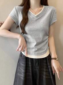 2 In 1 Design Short Sleeve T-Shirt, Fitted Korean Style Cropped Tee For Petite Women, Summer Casual - Grey - View 4