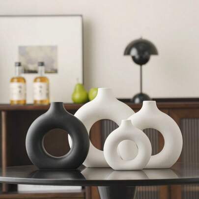 Bộ 3 bình hoa tròn mới, bình hoa nhựa hình bánh donut đang thịnh hành, bình hoa chống thấm nước và chống va đập cho phòng khách, bàn ăn, trang trí nhà cửa.