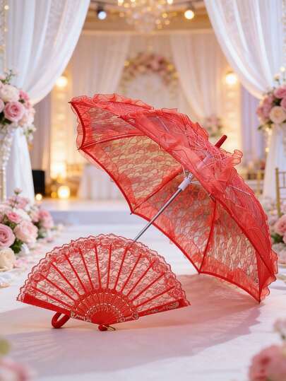 Bộ 2 chiếc ô ren và quạt nhựa ren trang trí đám cưới, ô cô dâu kiểu Châu Âu, bộ ô và quạt trang trí ngoài trời cho đám cưới, món quà tuyệt vời nhất, đạo cụ chụp ảnh cưới, quạt cô dâu màu trắng và quạt xếp phù hợp cho đám cưới và biểu diễn khiêu vũ, quạt cầm tay cỡ lớn cho tiệc độc thân và trang trí đám cưới.