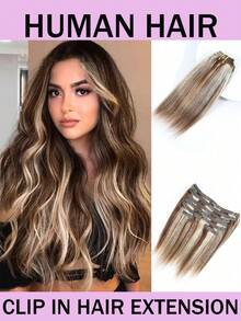 Clip In Human Hair Extensions Remy Straight Hair Extensions Clip Ins Invisible Seamless 8pcs Double Weft Thick Ends Silky Soft Long Lasting Clip In Human Hair Extensions For Women Daily&Party Use - Multicolor - View 1