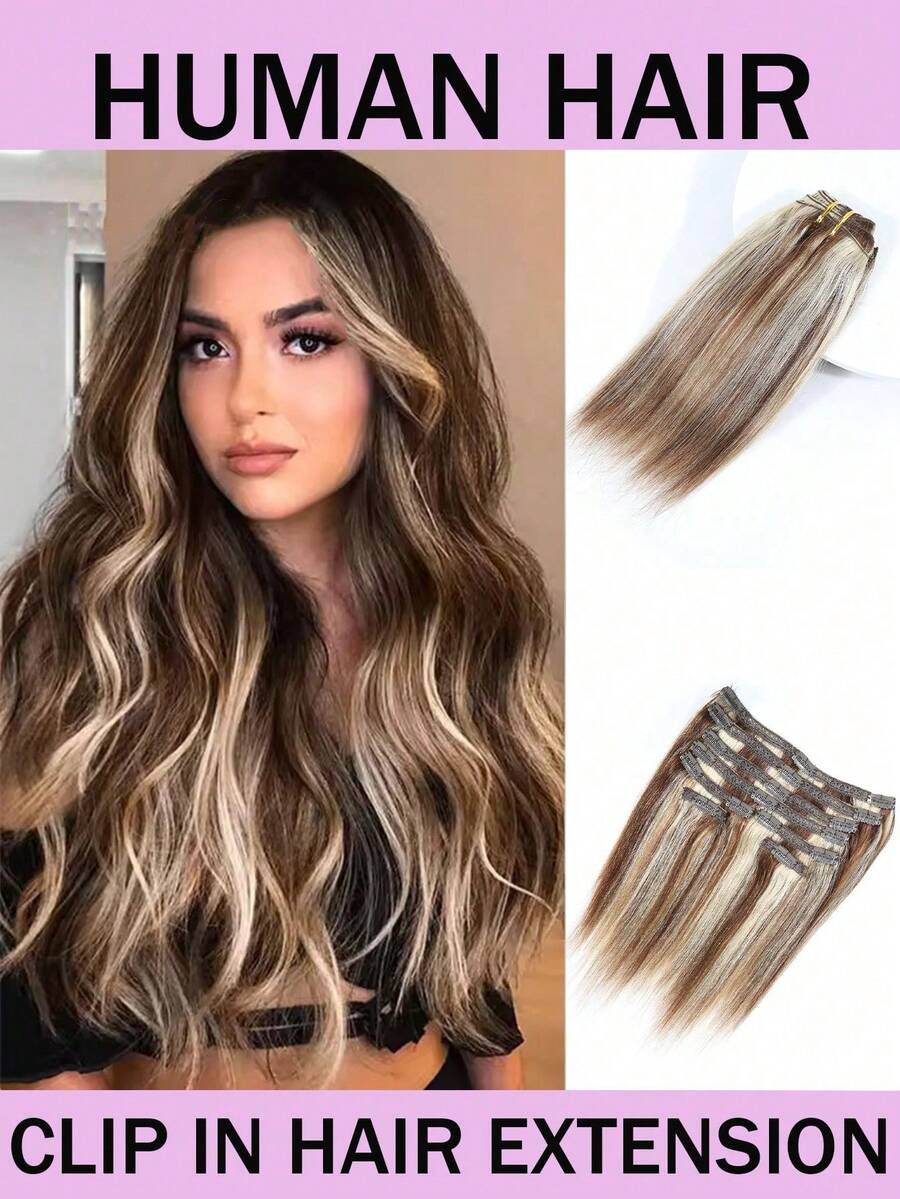 Clip In Human Hair Extensions Remy Straight Hair Extensions Clip Ins Invisible Seamless 8pcs Double Weft Thick Ends Silky Soft Long Lasting Clip In Human Hair Extensions For Women Daily&Party Use - Multicolor - View 1