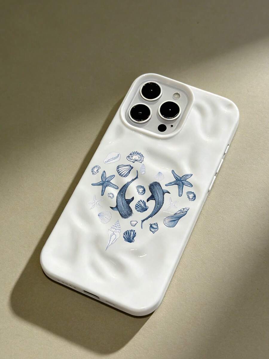 1pc Healing Deep Sea Shell Whale Shark Textured Soft Phone Case, Suitable For IPhone 17 Pro Max/17 Pro/16 Pro Max/16 Pro/16/15 Pro Max/15 Pro/15/14 Pro Max/14/13 Pro Max/13 Pro/13/12 Pro Max/12 Pro/12/11, Dustproof Waterproof Shockproof Anti-Fall - White - View 1